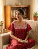 Front Open Cotton Nighty With Buttons, 55 Inches Long- Red