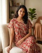 Front Open Cotton Nighty With Buttons, 55 Inches Long - Red