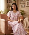 Traditional Cotton Frock Nighty, 55 Inches Length - White + Rose Flowers