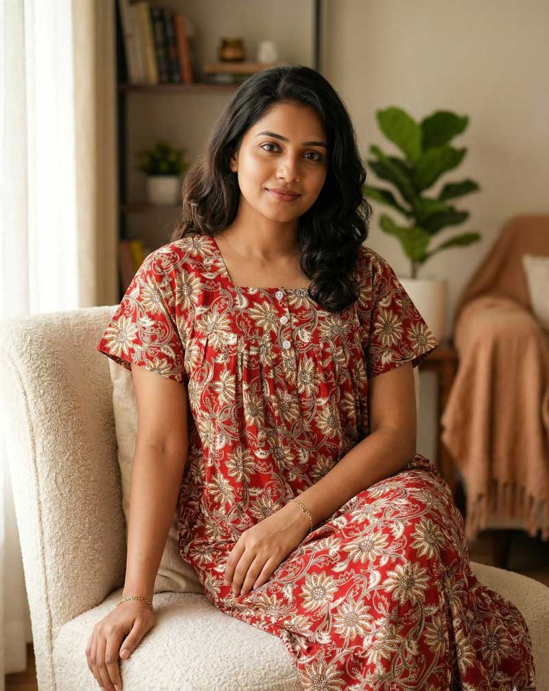 AI1 Front Open Cotton Nighty With Buttons, 55 Inches Long - Red - Image 1