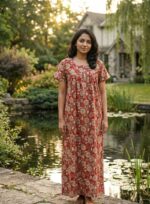 Front Open Cotton Nighty With Buttons, 55 Inches Long - Red - Image 2