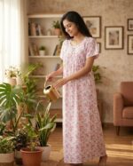 Traditional Cotton Frock Nighty, 55 Inches Length - White + Rose Flowers - Image 2