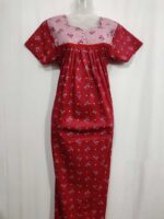 Front Open Cotton Nighty With Buttons, 55 Inches Long- Red - Image 4