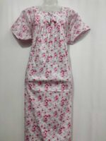 Traditional Cotton Frock Nighty, 55 Inches Length - White + Rose Flowers - Image 4