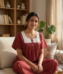 Front Open Cotton Nighty With Buttons, Hacoba Yoke, 55 Inches - Maroon