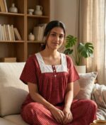 Front Open Cotton Nighty With Buttons, Hacoba Yoke, 55 Inches - Maroon