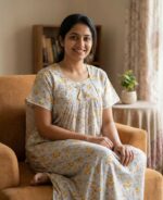 Traditional Cotton Frock Nighty, 55 Inches Length - White + Yellow Flowers