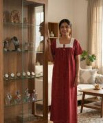 Front Open Cotton Nighty With Buttons, Hacoba Yoke, 55 Inches - Maroon - Image 2