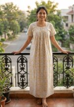 Traditional Cotton Frock Nighty, 55 Inches Length - White + Yellow Flowers - Image 2
