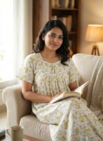 Traditional Cotton Frock Nighty, 55 Inches Length - White + Light Yellow Flowers