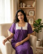 Front Open Cotton Nighty With Buttons, Hacoba Yoke, 55 Inches - Violet