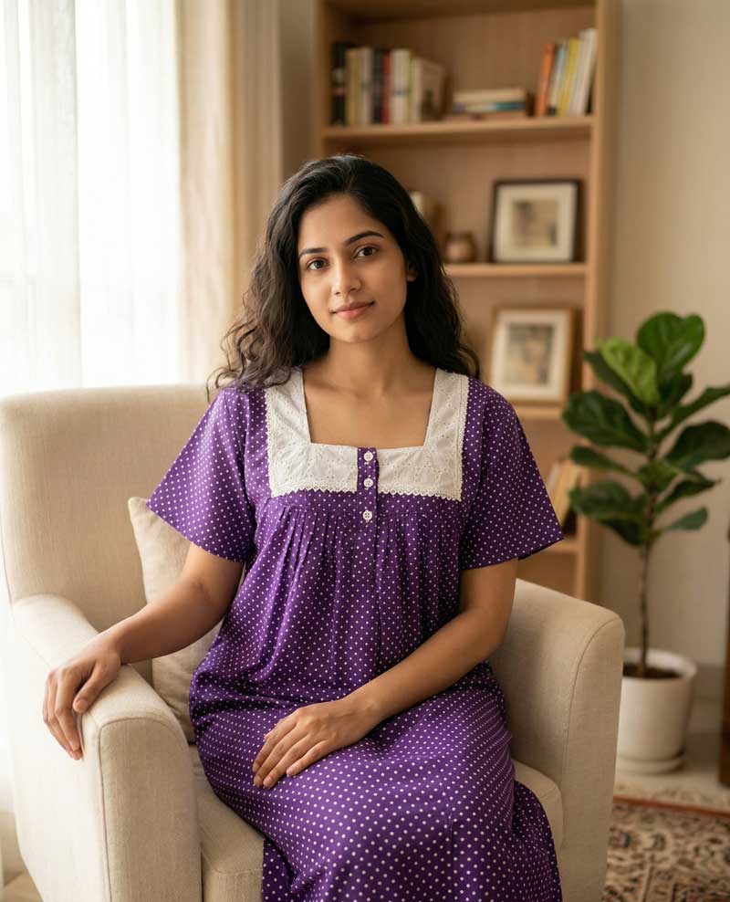 AK1 Front Open Cotton Nighty With Buttons, Hacoba Yoke, 55 Inches - Violet - Image 1