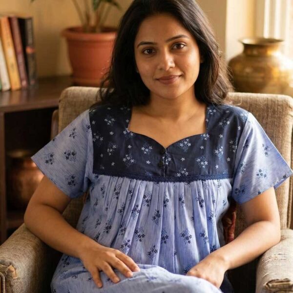 Front Open Cotton Nighty With Buttons, 55 Inches Long- Light Blue