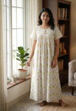 Traditional Cotton Frock Nighty, 55 Inches Length - White + Light Yellow Flowers - Image 2