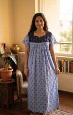 Front Open Cotton Nighty With Buttons, 55 Inches Long- Light Blue - Image 2