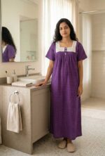 Front Open Cotton Nighty With Buttons, Hacoba Yoke, 55 Inches - Violet - Image 2