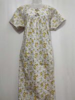 Traditional Cotton Frock Nighty, 55 Inches Length - White + Light Yellow Flowers - Image 4