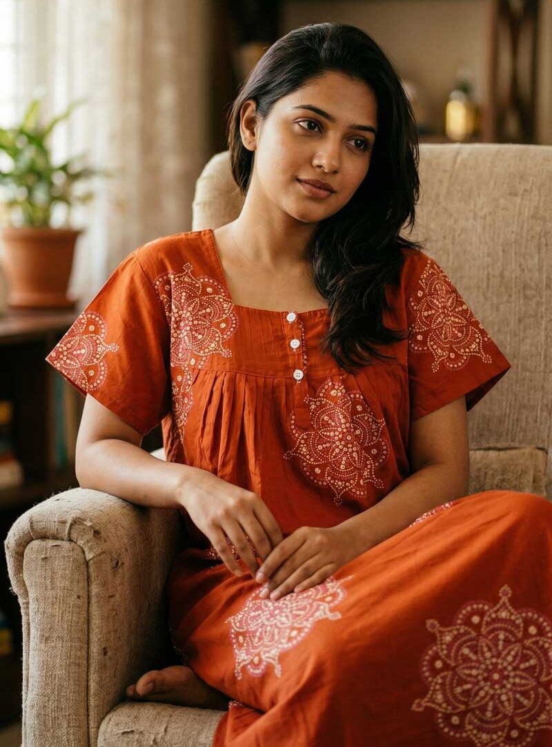 AL1 Front Open Cambric Cotton Nighty With Buttons, 55 Inches - Orange - Image 1