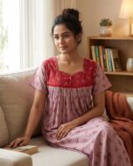 Front Open Cotton Nighty With Buttons, 55 Inches Long