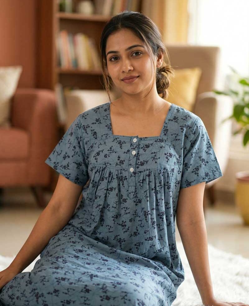 AL1 Front Open Cotton Nighty With Buttons, 55 Inches - Ash Colour - Image 1