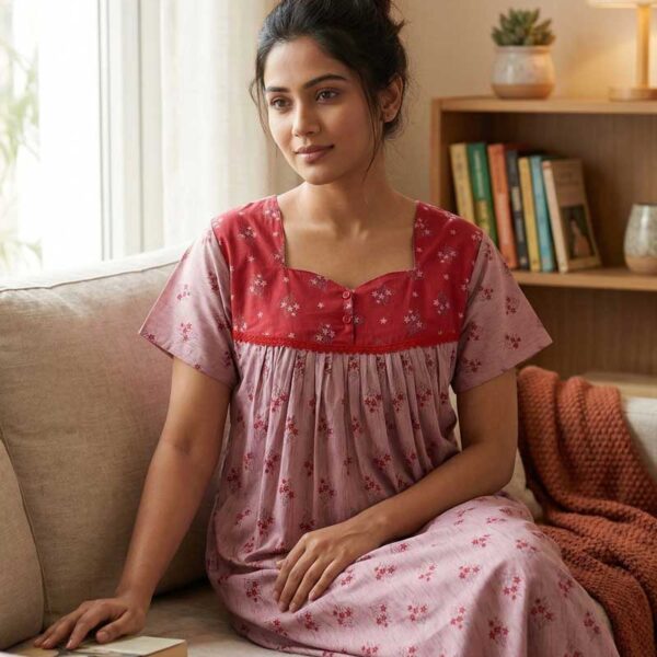 Front Open Cotton Nighty With Buttons, 55 Inches Long