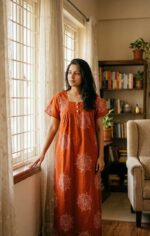 Front Open Cambric Cotton Nighty With Buttons, 55 Inches - Orange - Image 2