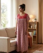 Front Open Cotton Nighty With Buttons, 55 Inches Long - Image 2