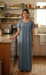 Front Open Cotton Nighty With Buttons, 55 Inches - Ash Colour - Image 2