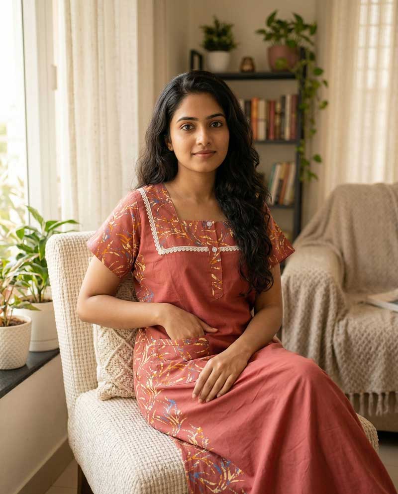 AM1 Comfortable Churidar Model Cotton Nighty, 55 Inches Long - Image 1