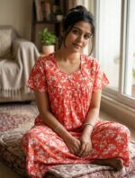 Traditional Cotton Nighty, 55 Inches Length - Peach