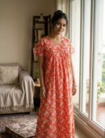 Traditional Cotton Nighty, 55 Inches Length - Peach - Image 2