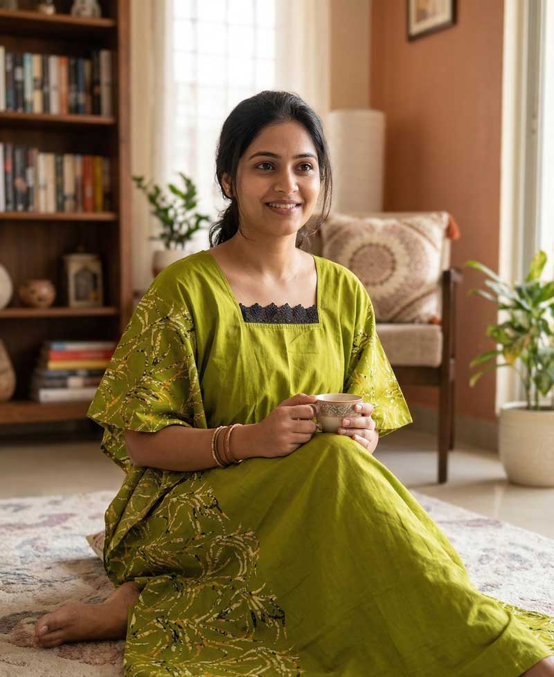 AO1 Cotton Kaftan Nighty - 55 Inches Length - Green - Image 1