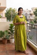 Cotton Kaftan Nighty - 55 Inches Length - Green - Image 2