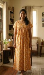 Traditional Cotton Nighty, 55 Inches Length - Yellow - Image 2