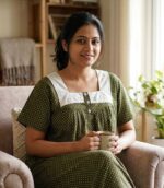 Front Open Cotton Nighty With Buttons, Hacoba Yoke, 55 Inches - Green