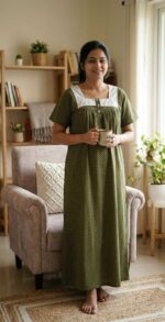 Front Open Cotton Nighty With Buttons, Hacoba Yoke, 55 Inches - Green - Image 2