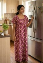 Front Open Cotton Nighty With Buttons, 55 Inches - Violet - Image 2