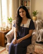 Front Open Cotton Nighty With Buttons, Hacoba Yoke, 55 Inches - Dark Blue