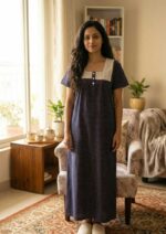 Front Open Cotton Nighty With Buttons, Hacoba Yoke, 55 Inches - Dark Blue - Image 2