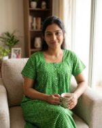 Front Open Cotton Nighty With Buttons, 55 Inches - Green