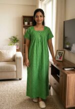 Front Open Cotton Nighty With Buttons, 55 Inches - Green - Image 2