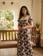 Traditional Cotton Nighty, 55 Inches Length, Hacoba Yoke - Brown - Image 2