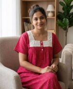 Front Open Cotton Nighty With Buttons, Hacoba Yoke, 55 Inches - Magenta