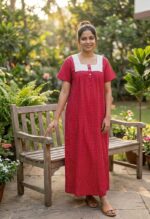 Front Open Cotton Nighty With Buttons, Hacoba Yoke, 55 Inches - Magenta - Image 2