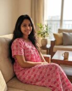 Traditional Fabric Cotton Nighty, 55 Inches Length - Rose