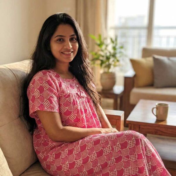 Traditional Fabric Cotton Nighty, 55 Inches Length - Rose