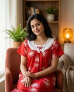 Traditional Cotton Nighty, 55 Inches Length, Hakoba Round Neck - Red