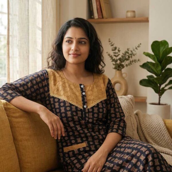 Comfortable Churidar Model Ajrakh Nighty, 55 Inches Long, 3/4th Sleeves, Hacoba Yoke - Dark Blue