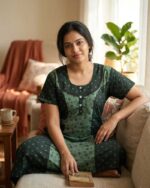 Comfortable Churidar Model Cotton Nighty, 55 Inches Long - Green