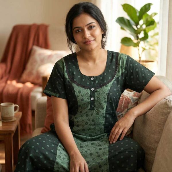Comfortable Churidar Model Cotton Nighty, 55 Inches Long - Green